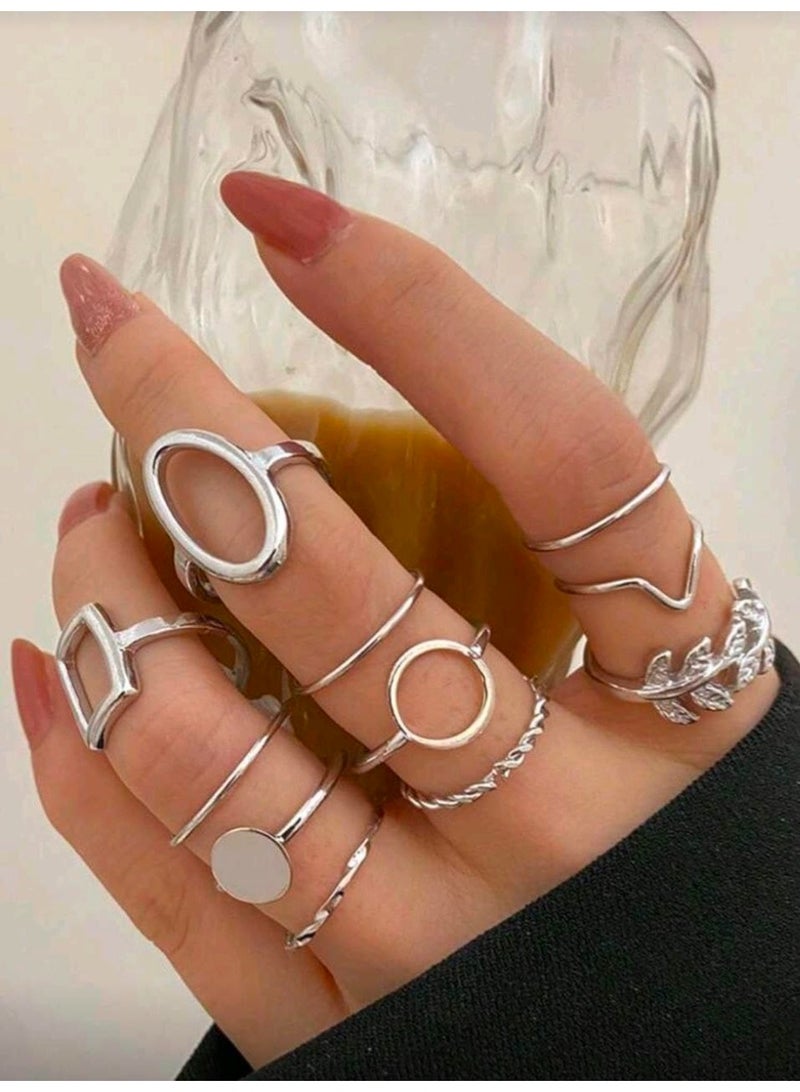 Shein 11pcs/Set Geometric Leaf Design Joint Rings Set For Women, Creative Fashion (Silver) - Image 1